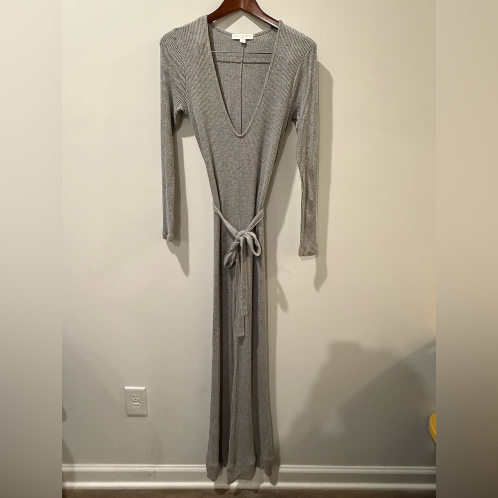 Spiritual Gangster Light Grey Ribbed V-Neck Jumpsuit with Tie Waist Size XS